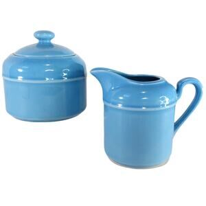Vintage 1980s Stoneware Sugar Creamer Set Light Blue Lidded Bowl Pitcher Korea